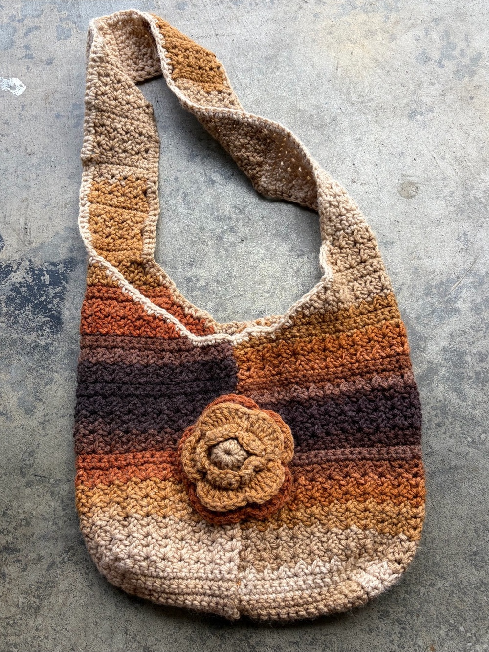 Handmade Crocheted Shoulder Bag in Cream, Tan & Brown